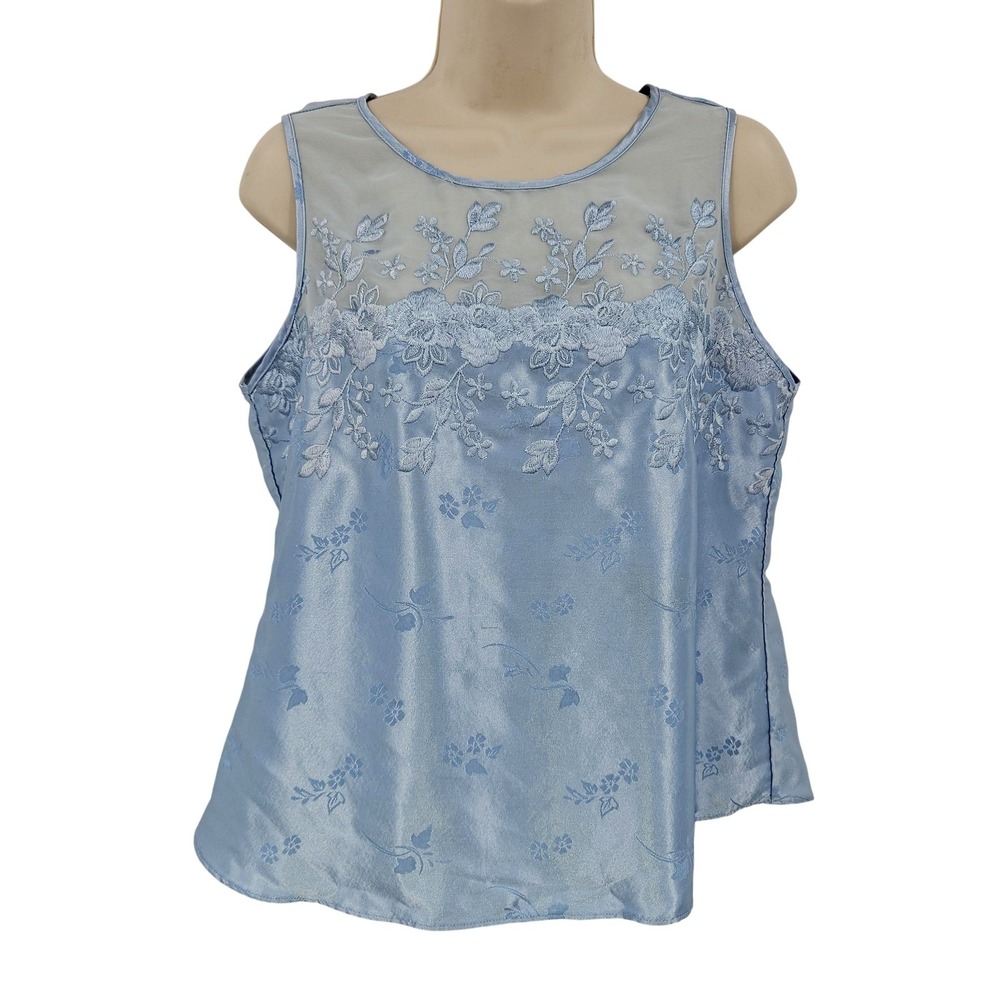 VTG Satin Embroidery Cami Tank Top M Blue Floral‎ Coquette Feminine Fairycore